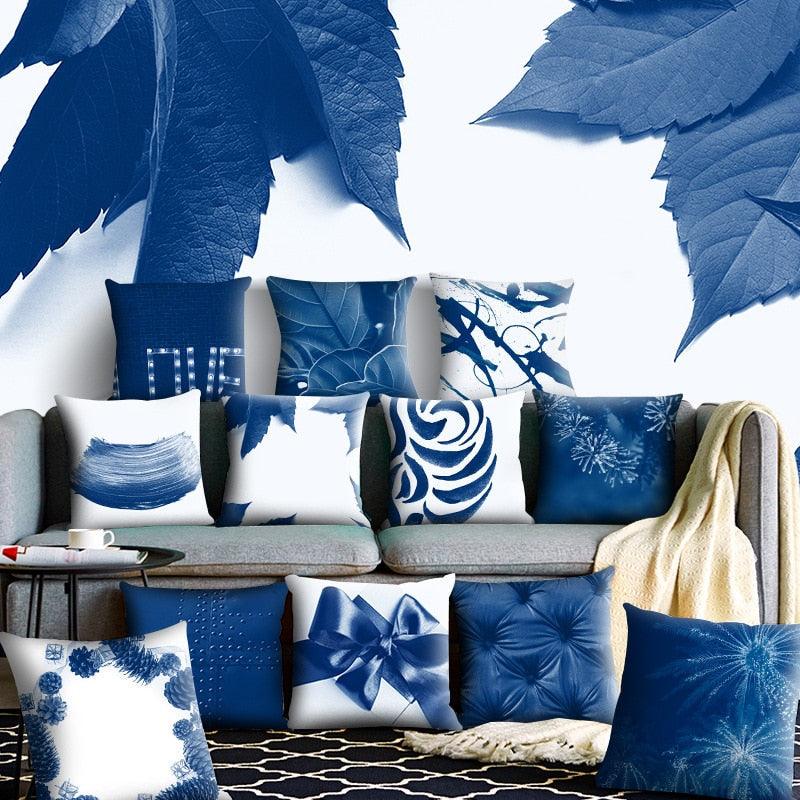 Blue Pattern Navy White Polyester Decorative Cushion Cover