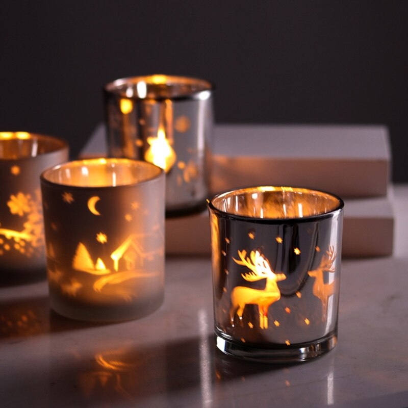 Silver Reindeer Pattern Glass Scented Candle Container Jar