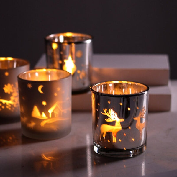 Silver Reindeer Pattern Glass Scented Candle Container Jar