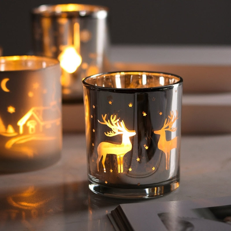 Silver Reindeer Pattern Glass Scented Candle Container Jar