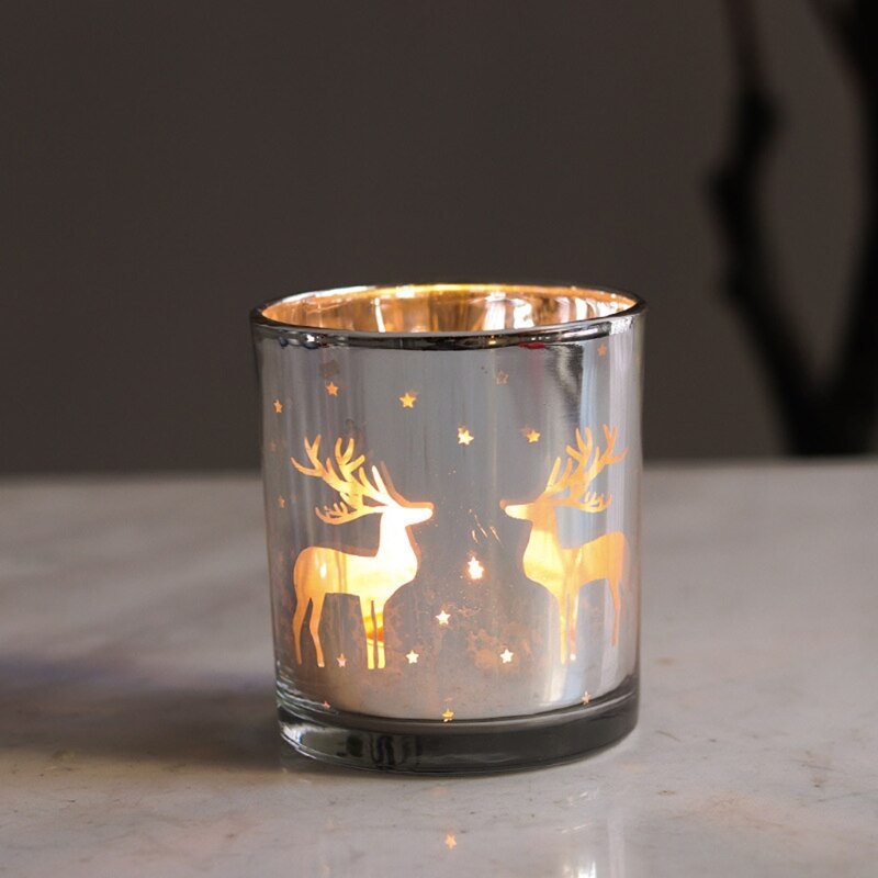 Silver Reindeer Pattern Glass Scented Candle Container Jar