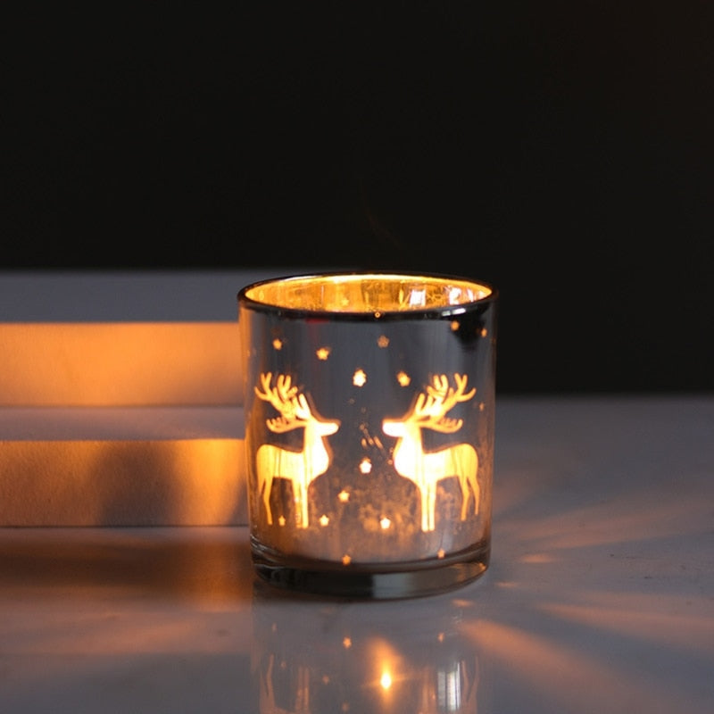 Silver Reindeer Pattern Glass Scented Candle Container Jar