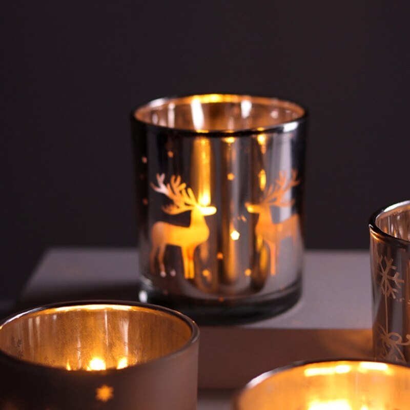 Silver Reindeer Pattern Glass Scented Candle Container Jar