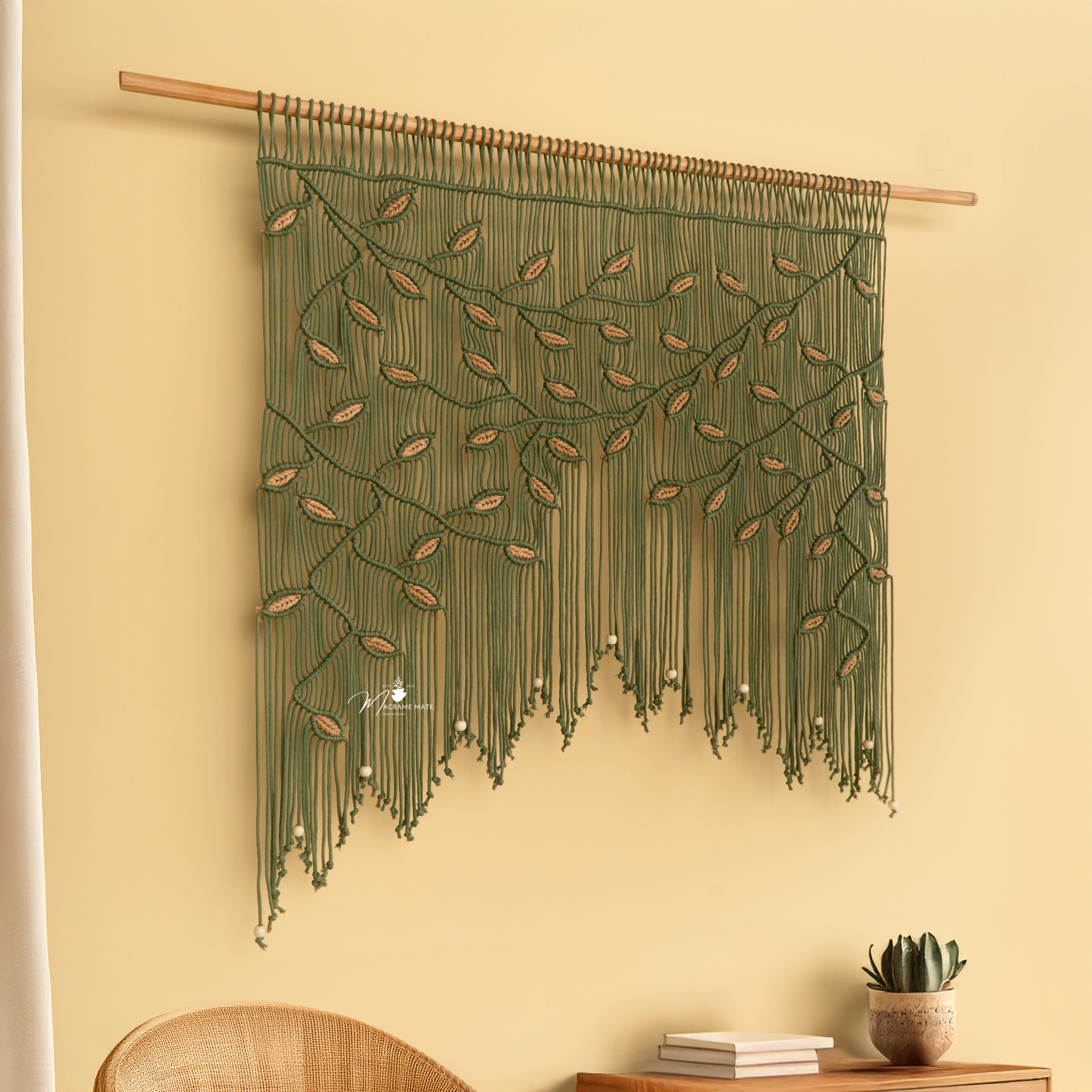 Aura Olive Latte Macrame Window Curtain Decorative Panel
