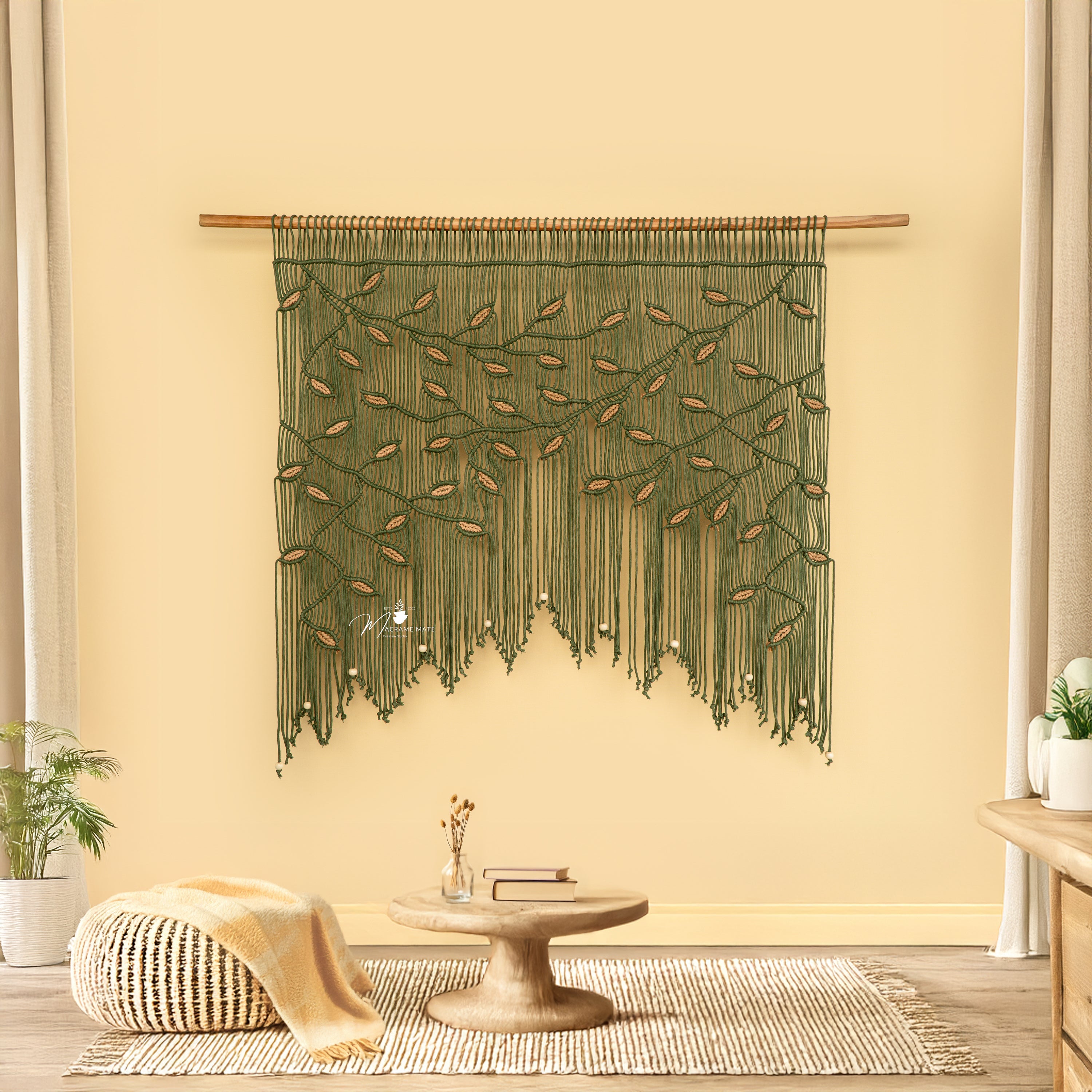 Aura Olive Latte Macrame Window Curtain Decorative Panel
