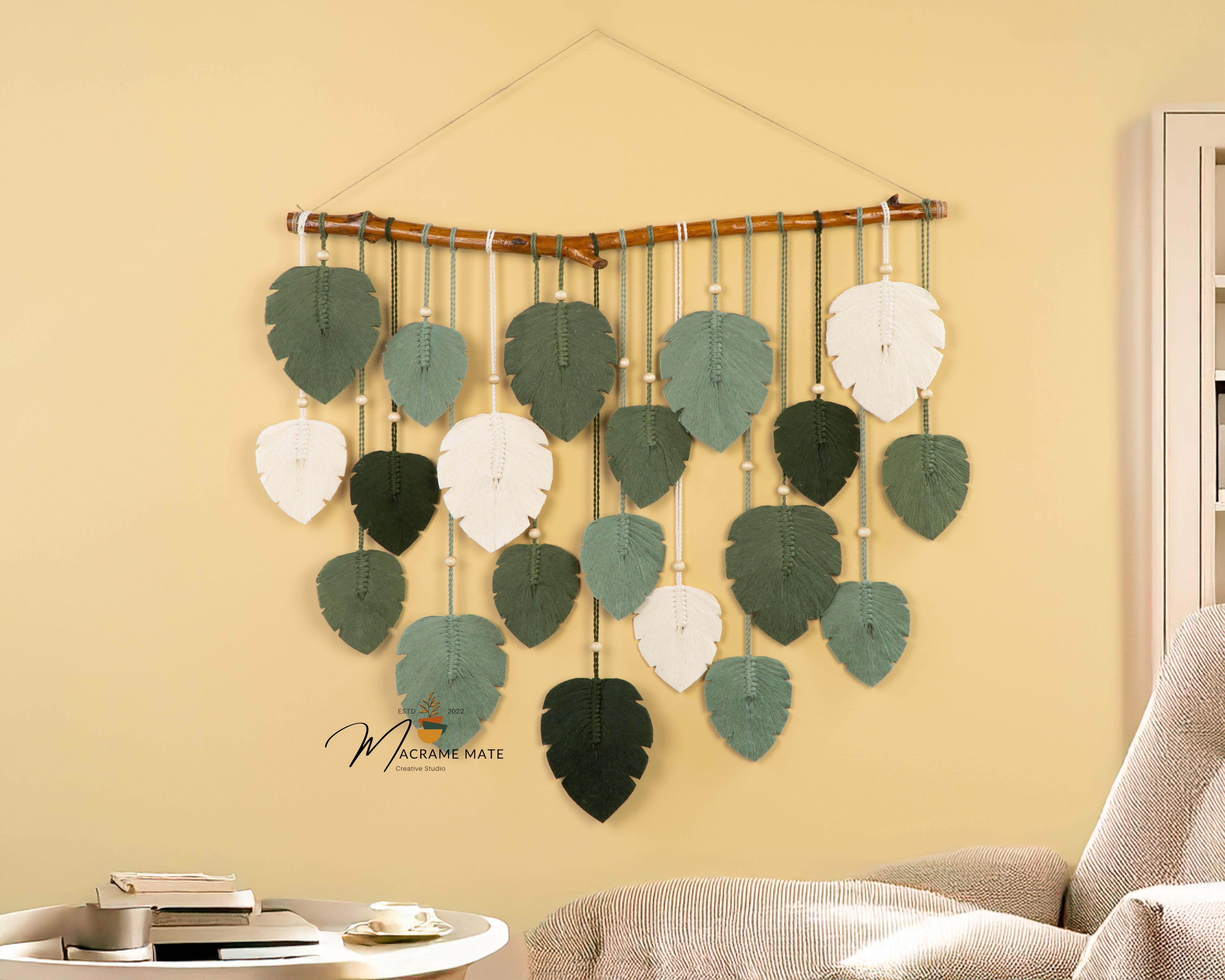 Elodie Forest Green Macrame Leaf Wall Decor Hanging