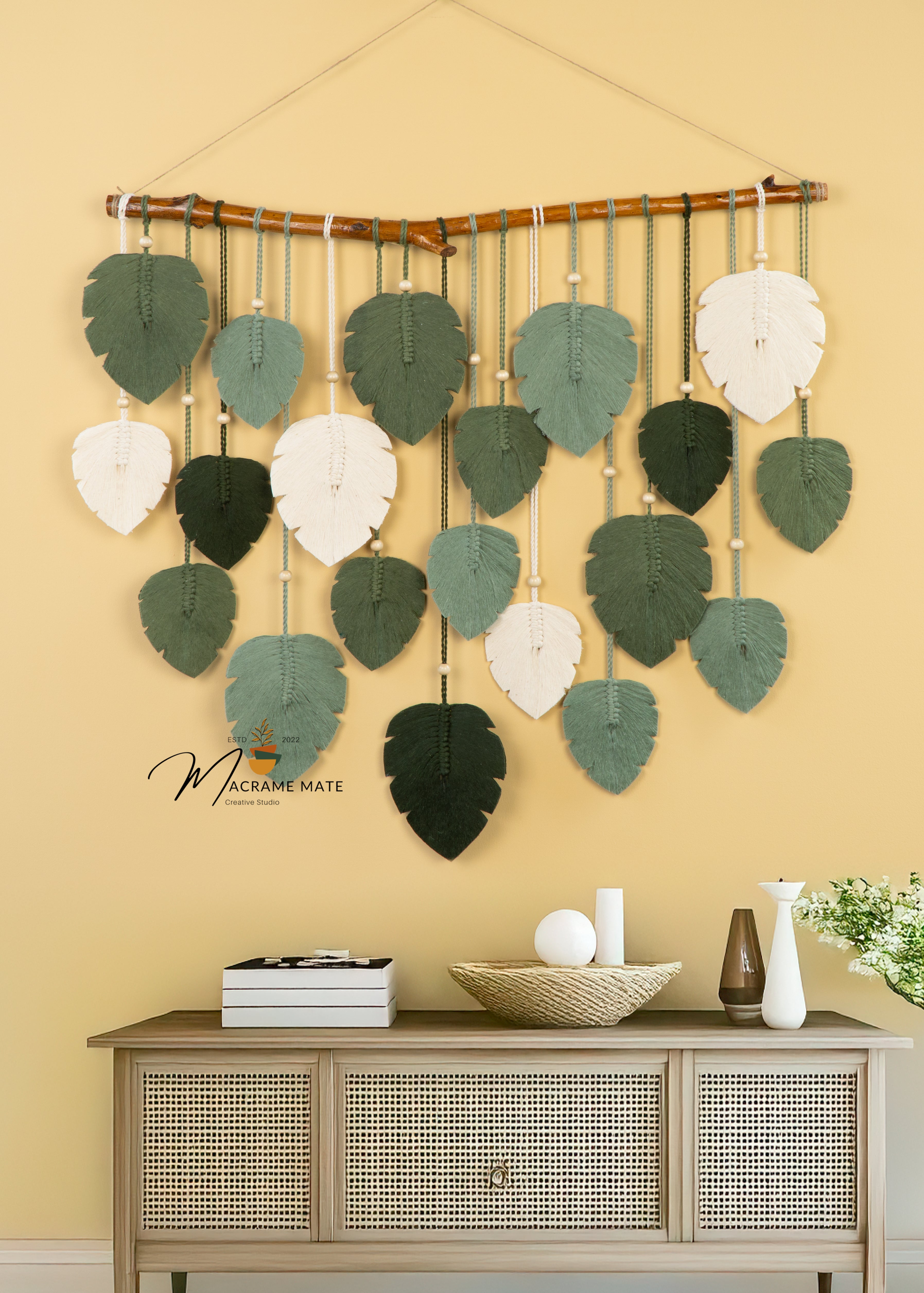 Elodie Forest Green Macrame Leaf Wall Decor Hanging