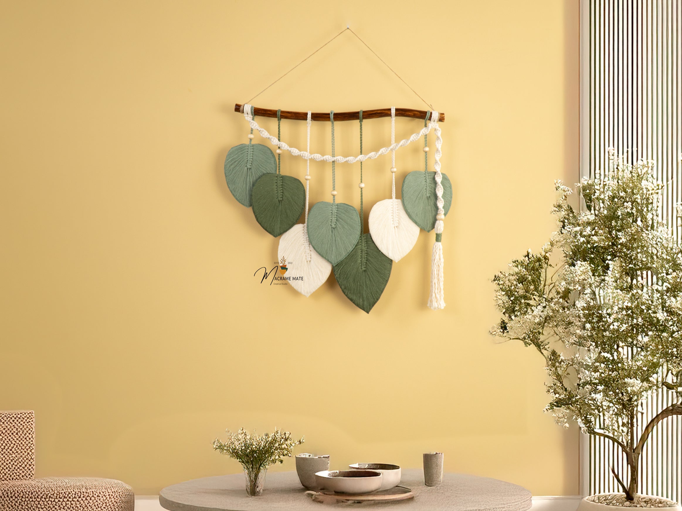 Green Tone Macrame Leaf Hanging Tassel Wall Decoration