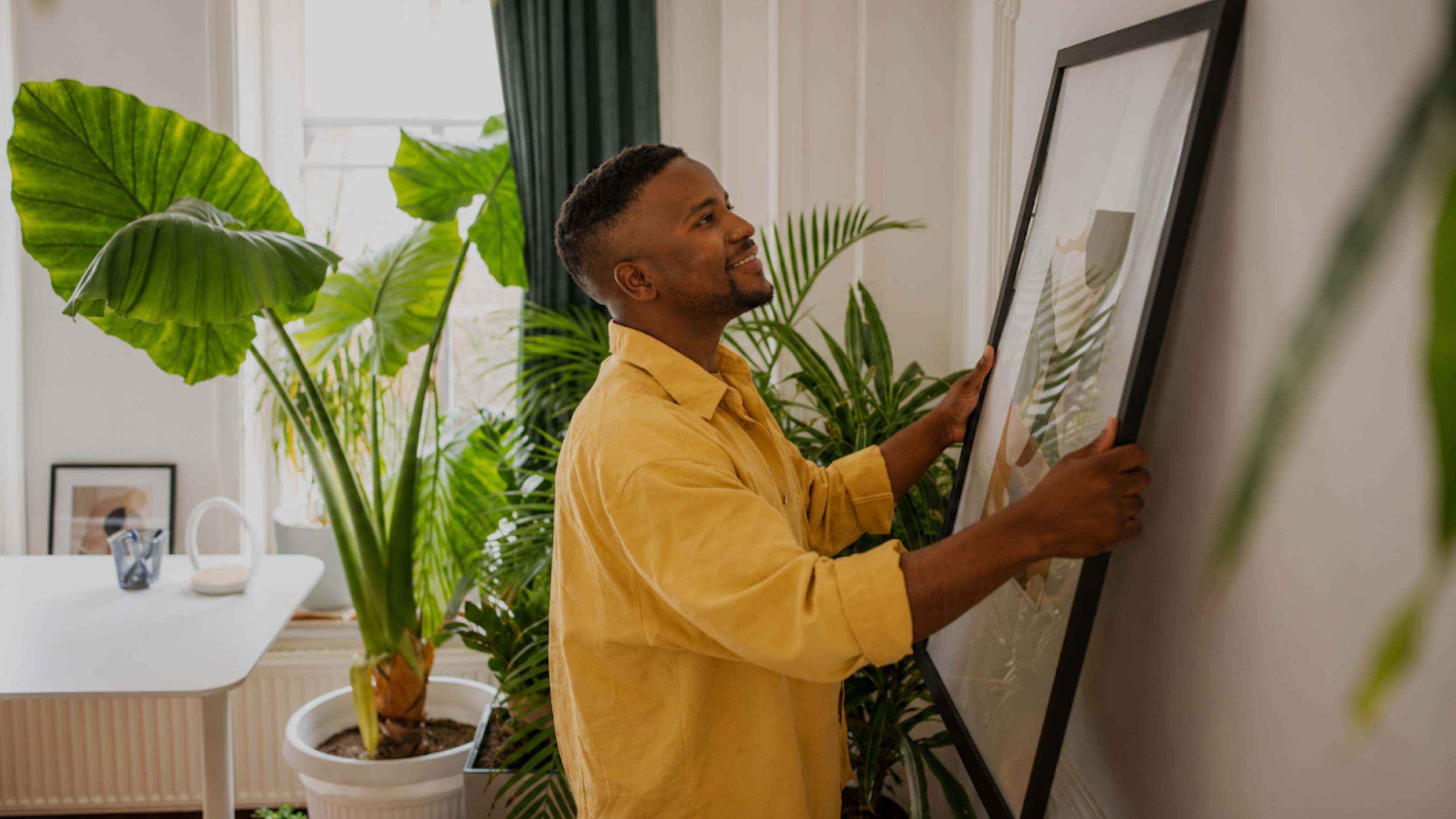 A man in a yellow shirt hangs a large framed picture on a white wall in a bright room with green plants.