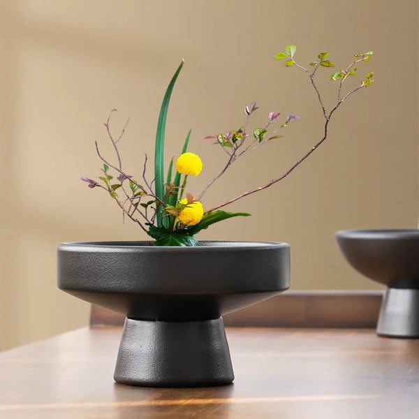 Retro Black Ceramic Vase Plant Flower Pot Tabletop Decor