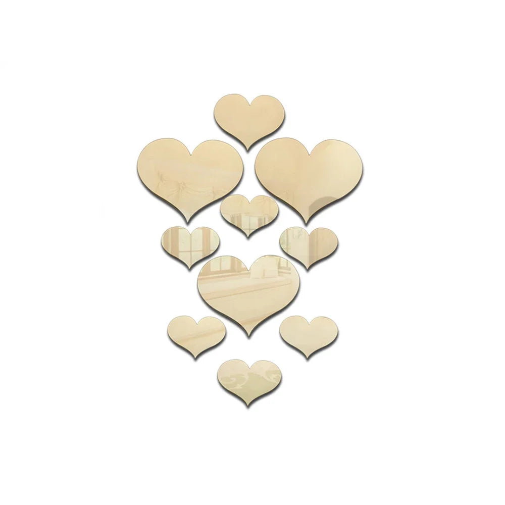 10-Piece Acrylic Love Heart 3D Mirror Wall Stickers