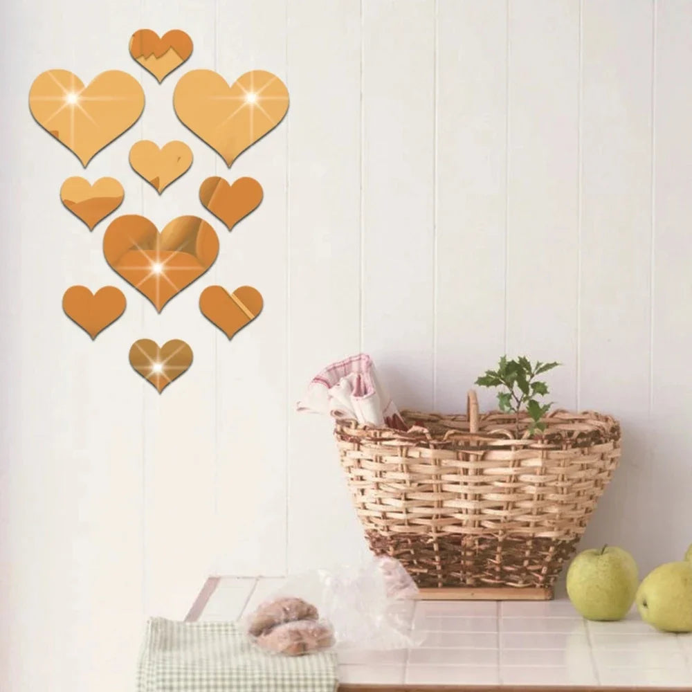 10-Piece Acrylic Love Heart 3D Mirror Wall Stickers