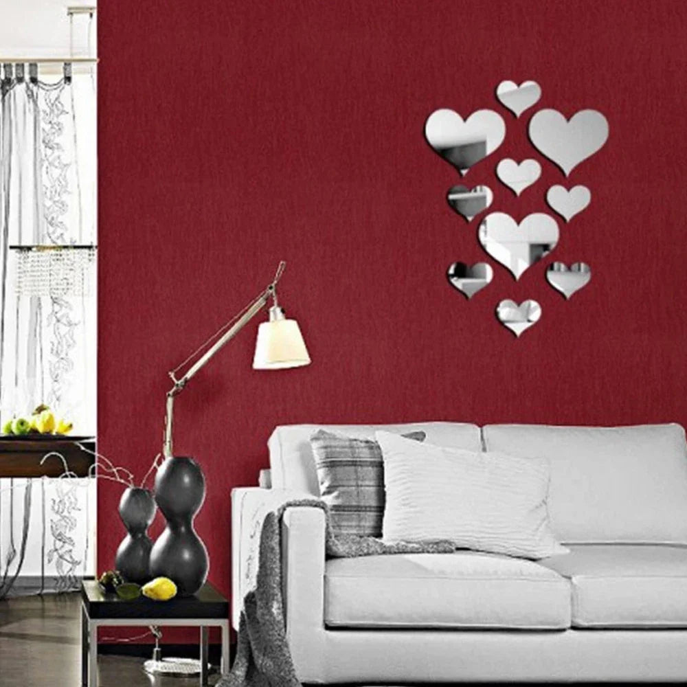 10-Piece Acrylic Love Heart 3D Mirror Wall Stickers