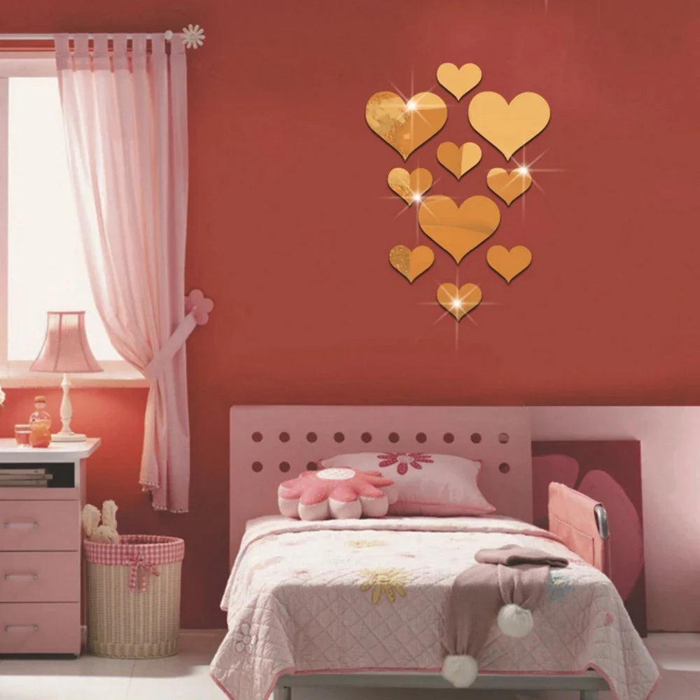 10-Piece Acrylic Love Heart 3D Mirror Wall Stickers