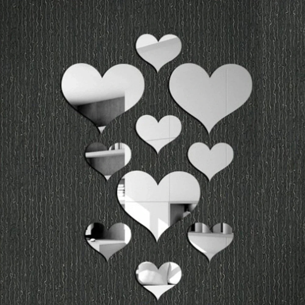 10-Piece Acrylic Love Heart 3D Mirror Wall Stickers