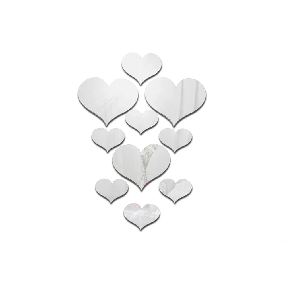 10-Piece Acrylic Love Heart 3D Mirror Wall Stickers