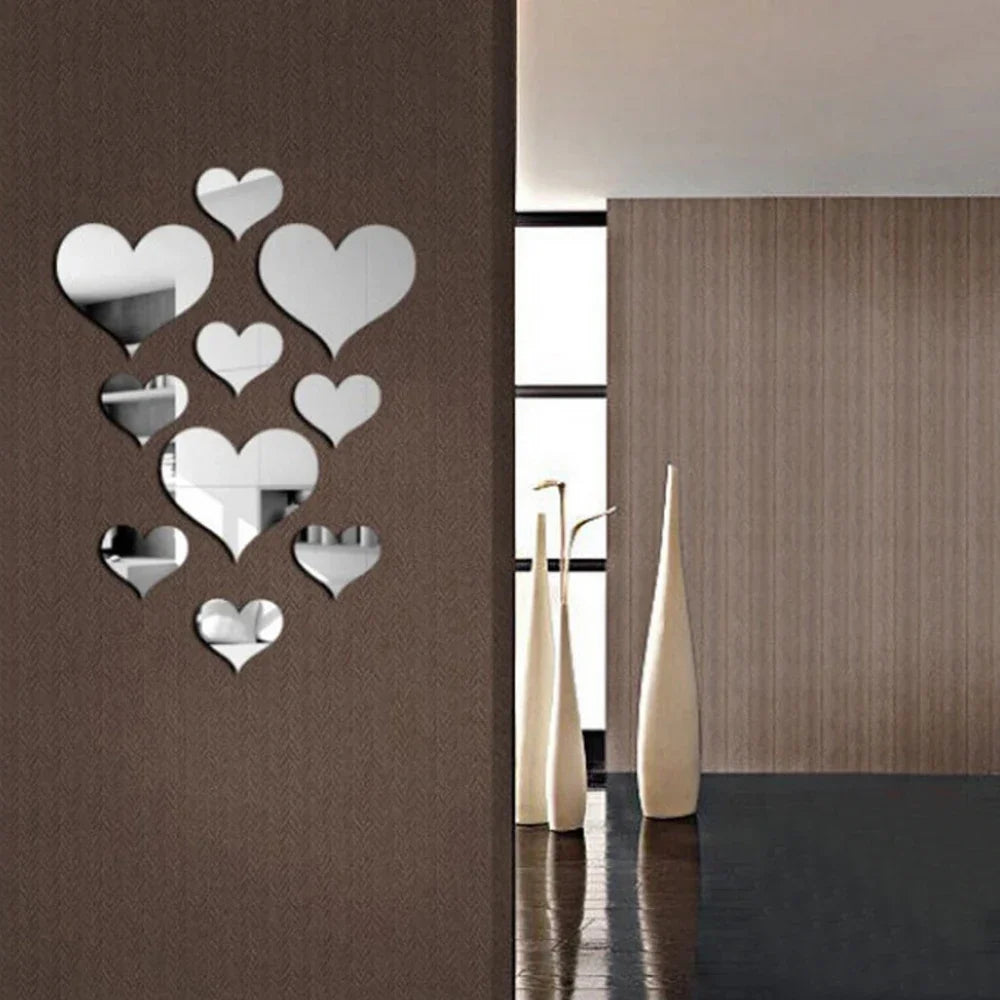 10-Piece Acrylic Love Heart 3D Mirror Wall Stickers