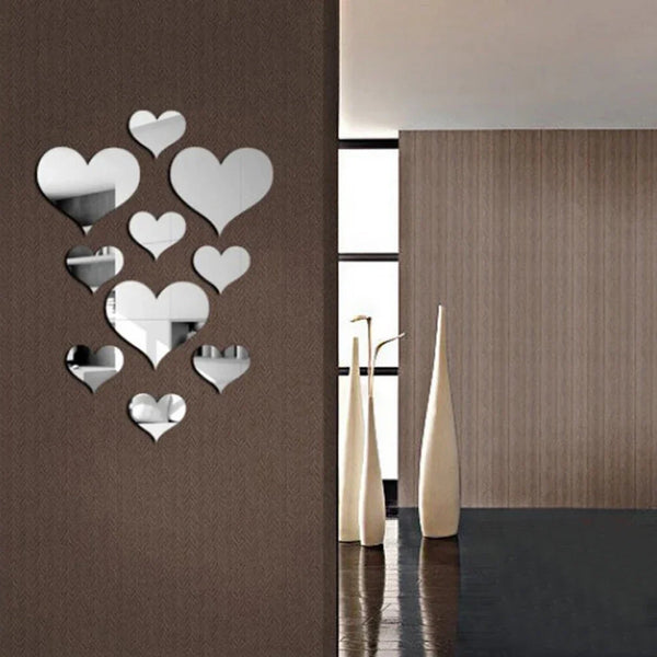 10-Piece Acrylic Love Heart 3D Mirror Wall Stickers