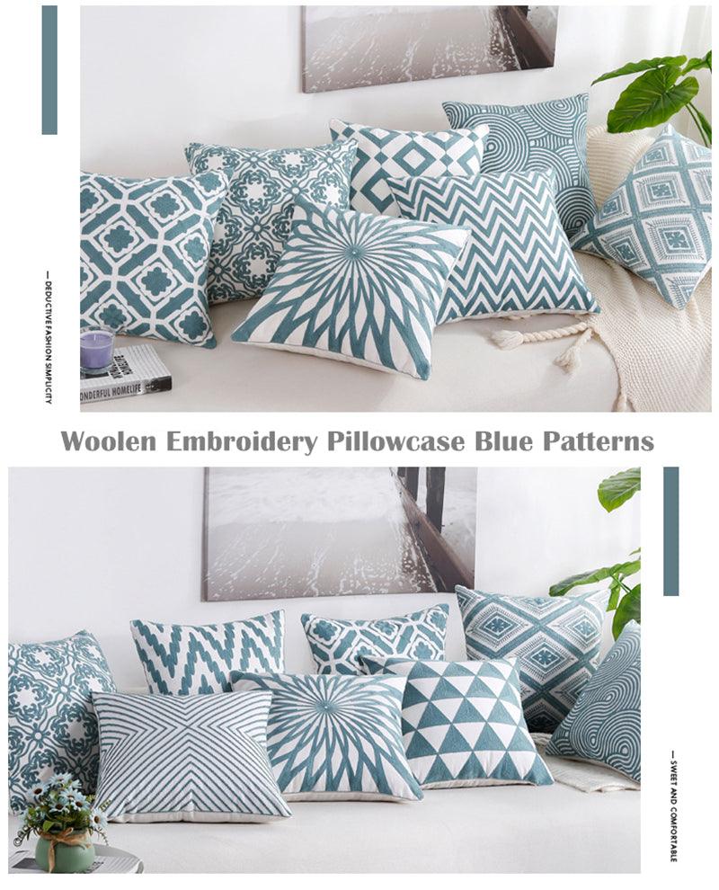 Embroidered Geometric Nordic Cotton Woolen Cushion Cover