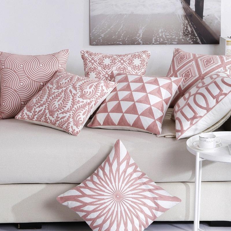 Embroidered Geometric Nordic Cotton Woolen Cushion Cover