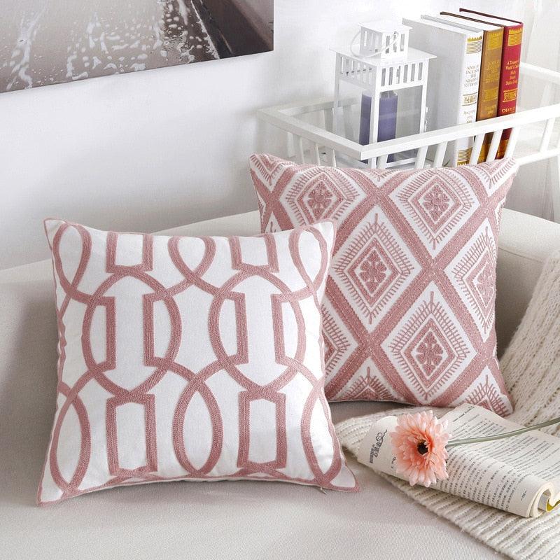 Embroidered Geometric Nordic Cotton Woolen Cushion Cover