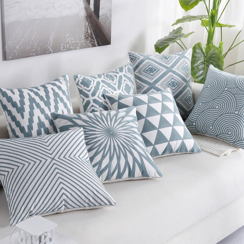 Embroidered Geometric Nordic Cotton Woolen Cushion Cover