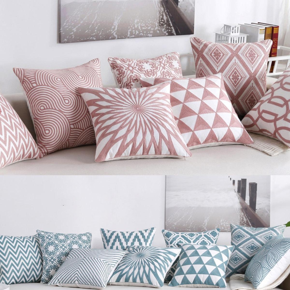Embroidered Geometric Nordic Cotton Woolen Cushion Cover
