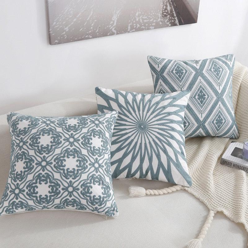 Embroidered Geometric Nordic Cotton Woolen Cushion Cover